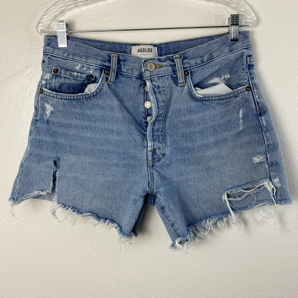 AGOLDE Parker Long Distressed Button Fly Blue Shorts Women’s size 28 - Picture 15 of 15